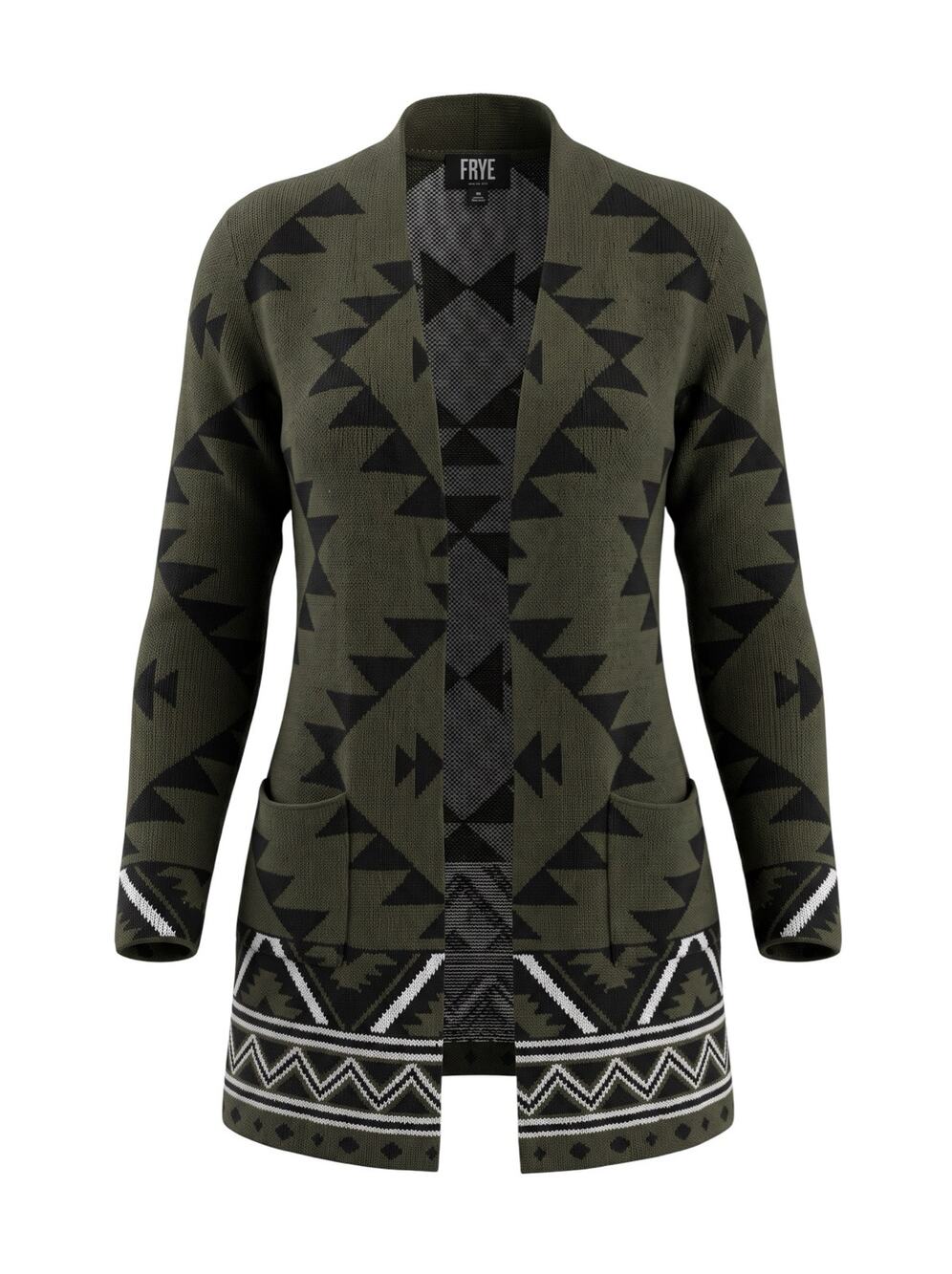 Frye Women's M Olive Green Western Geometric Boho Open Cardigan Pockets